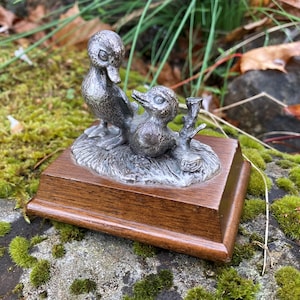 Vintage Miniature Pewter Ducklings on Wood Base (Ducks, Figurine, Collectible)