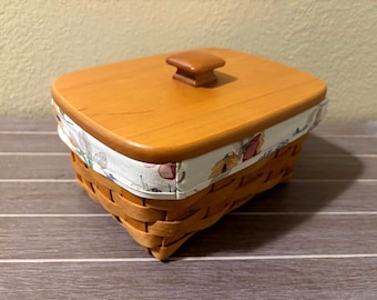 2000年製 ヴィンテージ Longaberger サイン入り 手織り 8インチ 木製バスケット（蓋、布製およびプラスチック製ライナー、パンフレット付き）