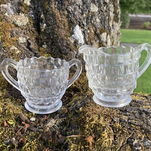 Vintage Fostoria American Clear Glass Small Sugar and Creamer with Cubist Geometric Pattern