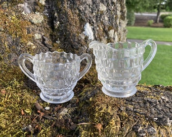 Vintage Fostoria American Clear Glass Small Sugar and Creamer with Cubist Geometric Pattern