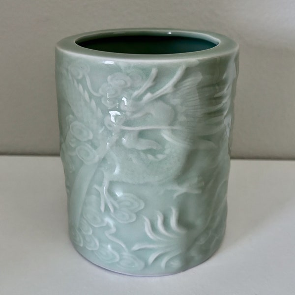 Vintage Dragon 5" X 4" Ceramic Brush Pot / Planter / Jar / Vase w/ Celadon Jade Green Glaze & Embossed Asian Dragons