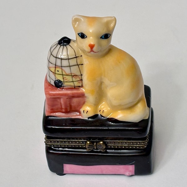 Vintage Ceramic Hinged Trinket Orange Cat with Bird in Cage