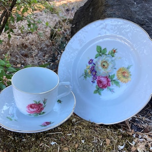 Vintage Kaiser Germany Teacup Trio w/ Saucer & Side Plate w/ Pink Roses, Flower Bouquet, and Gold Trim