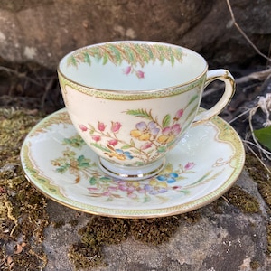 May include: A vintage teacup and saucer set. The cup and saucer are cream-colored with floral and gold trim. The cup has a handle and sits on a matching saucer. The set is placed on a mossy rock.