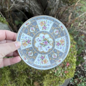 May include: A round, decorative plate with a floral design. The plate features a light blue background with a gold rim and a pattern of flowers in pink, yellow, and purple. The plate is held by a hand.