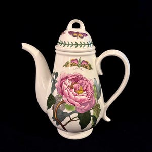 Cafetera de barro vintage Portmeirion Botanic Garden de 26,7 cm (10 1/2") "Peonía Arbustiva" con mariposas e insectos, fabricada en Inglaterra.