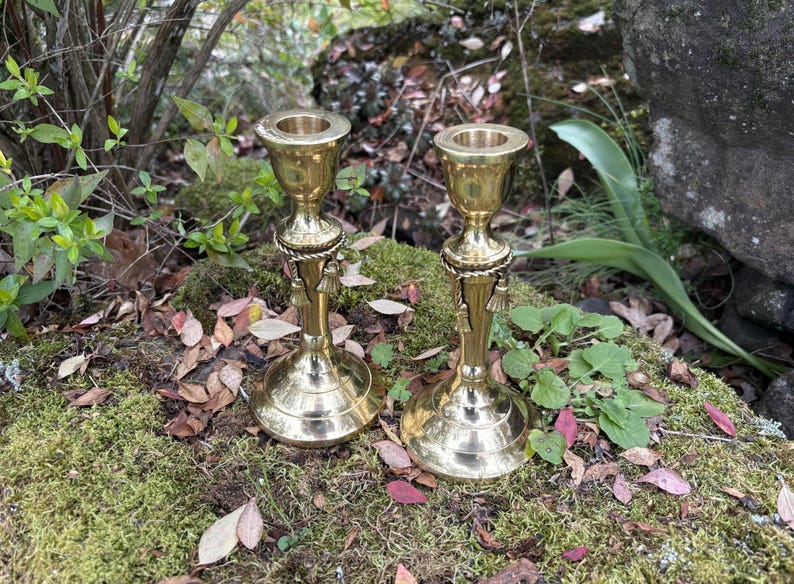 Set of 2 Vintage 6.25" Brass Candlestick Holders for Taper Candles w/ Rope & Tassels (Made in India) image 3