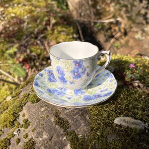 May include: A vintage teacup and saucer set with a floral pattern in blue and white. The teacup and saucer have gold trim. The set is placed on a moss-covered rock in natural sunlight.