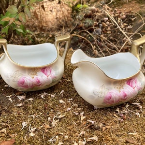 Vintage Royal Bayreuth Bavaria Hand Painted Ivory Open Sugar Bowl & Creamer Set w/ Pink Roses and Gold Handles #21