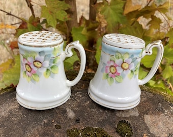 Vintage Hand Painted Nippon Salt & Pepper Shakers w/ Handles, Flowers, and Gold Trim