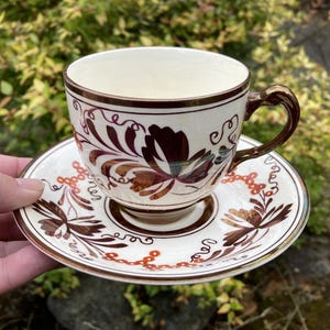 May include: A cream-coloured teacup and saucer set featuring brown floral patterns and gold edging. The cup has a curved handle and rests on a matching saucer. The set is held in a hand against a blurred green backdrop.