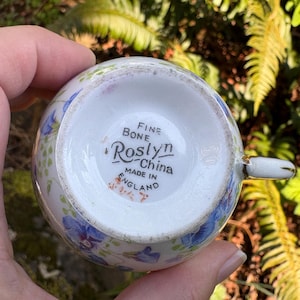 May include: A vintage teacup with a floral pattern in blue and green. The bottom of the cup features the text "Fine Bone China" and "Roslyn China Made in England."