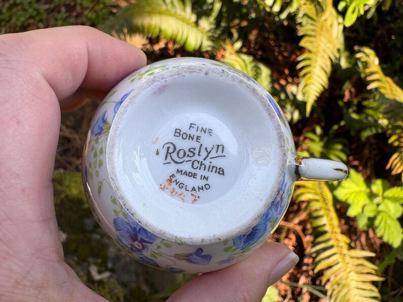 May include: A vintage teacup with a floral pattern in blue and green. The bottom of the cup features the text "Fine Bone China" and "Roslyn China Made in England."