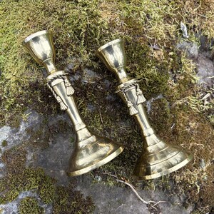 Set of 2 Vintage 6.25" Brass Candlestick Holders for Taper Candles w/ Rope & Tassels (Made in India) image 1