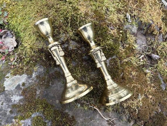 Set of 2 Vintage 6.25" Brass Candlestick Holders for Taper Candles w/ Rope & Tassels (Made in India)