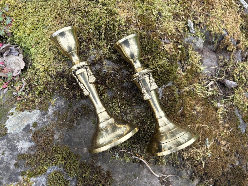 Set of 2 Vintage 6.25" Brass Candlestick Holders for Taper Candles w/ Rope & Tassels (Made in India) image 1