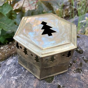 Vintage Brass Hexagonal Lidded Box w/ Tree-Shaped Cutouts (Potpourri, Christmas Decor, Rustic Lodge) Made in India