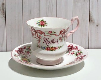 Vintage Queen's Rosina Bone China "Mother" Footed Teacup and Saucer, Made in Staffordshire, England, 1980s