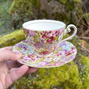 Vintage Royal Standard "Virginia Stock" Fine Bone China Teacup & Saucer w/ Purple and Pink Flowers (Made in England) image 1