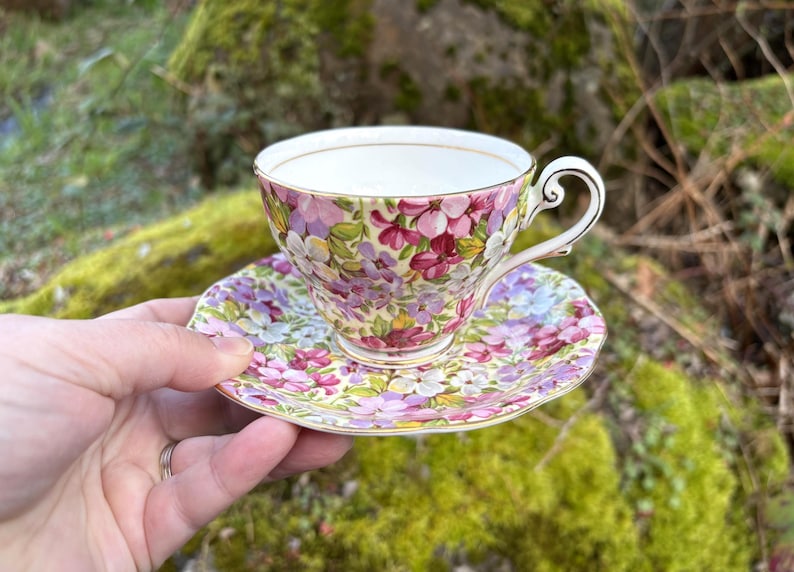 Vintage Royal Standard "Virginia Stock" Fine Bone China Teacup & Saucer w/ Purple and Pink Flowers (Made in England) image 1