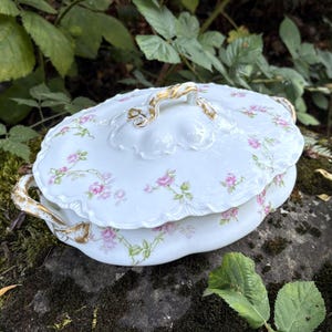May include: An oval white porcelain tureen featuring a delicate pink rose floral pattern with green vines. The lid and side handles are accented with gold trim and scalloped edges. The piece has a decorative handle on the lid and two side handles.