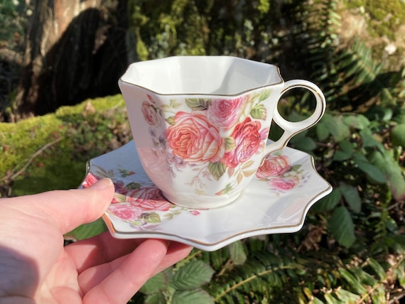 Pacifica Home Fine Ceramic Octagonal Teacup & Saucer W/ Pink