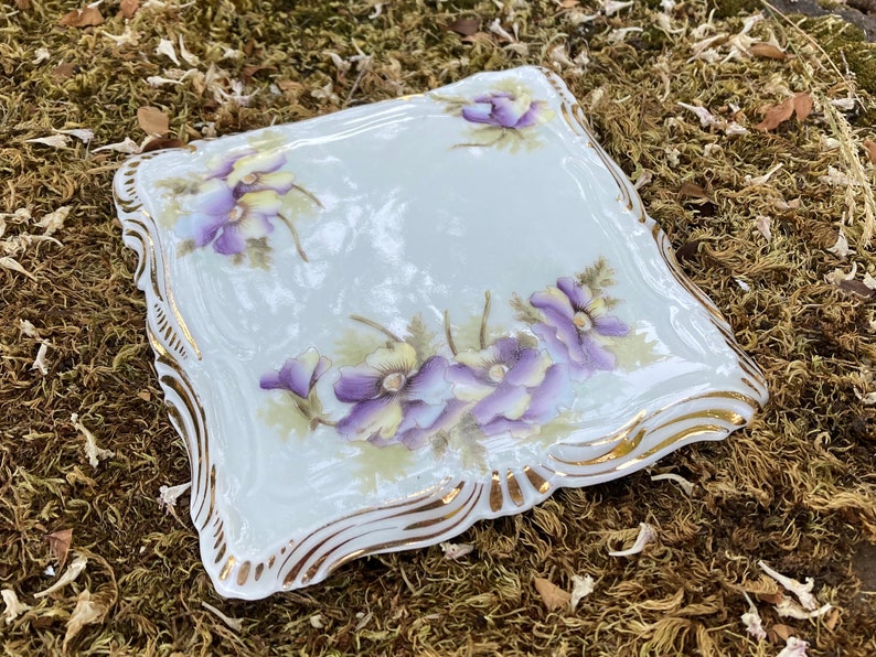 Vintage Dresden Germany Ceramic Trivet w/ Purple Flowers and Gold Trim image 4