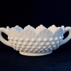 Vintage Fenton Handmade Hobnail Milk Glass 6.75&quot; Oval Handled Nut Dish / Candy Bowl with Scalloped Edges