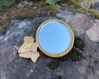 Vintage Gold-tone Compact / Purse / Pocket-Size Double-Sided Round Mirror w/ Enameled Leaf-Shaped Handle and Butterfly (w/ Magnifier)