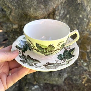 May include: A porcelain teacup and saucer set featuring a pale yellow background with a detailed botanical pattern of dark green oak leaves and small brown acorns. The teacup has a scalloped rim and a curved handle, matching the saucer's edge.