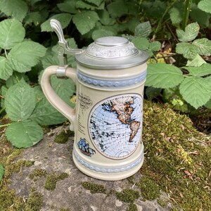 Vintage West-deutsche Keramik Weltkarte Stein / Tankard / Bierkrug mit Zinndeckel (Weltkugel, Atlas)