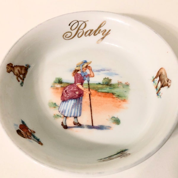 Vintage Porcelain Nursery Rhyme Baby Dish Keepsake w/ Little Bo Peep and her Sheep (Germany)