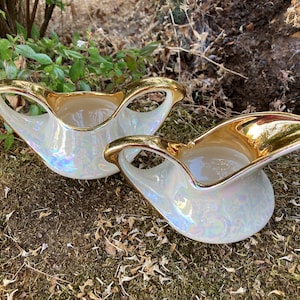 Gorgeous Vintage Pearl China Company White Iridescent Lusterware Open Sugar Bowl & Creamer Set w/ 22 KT. Gold Trim