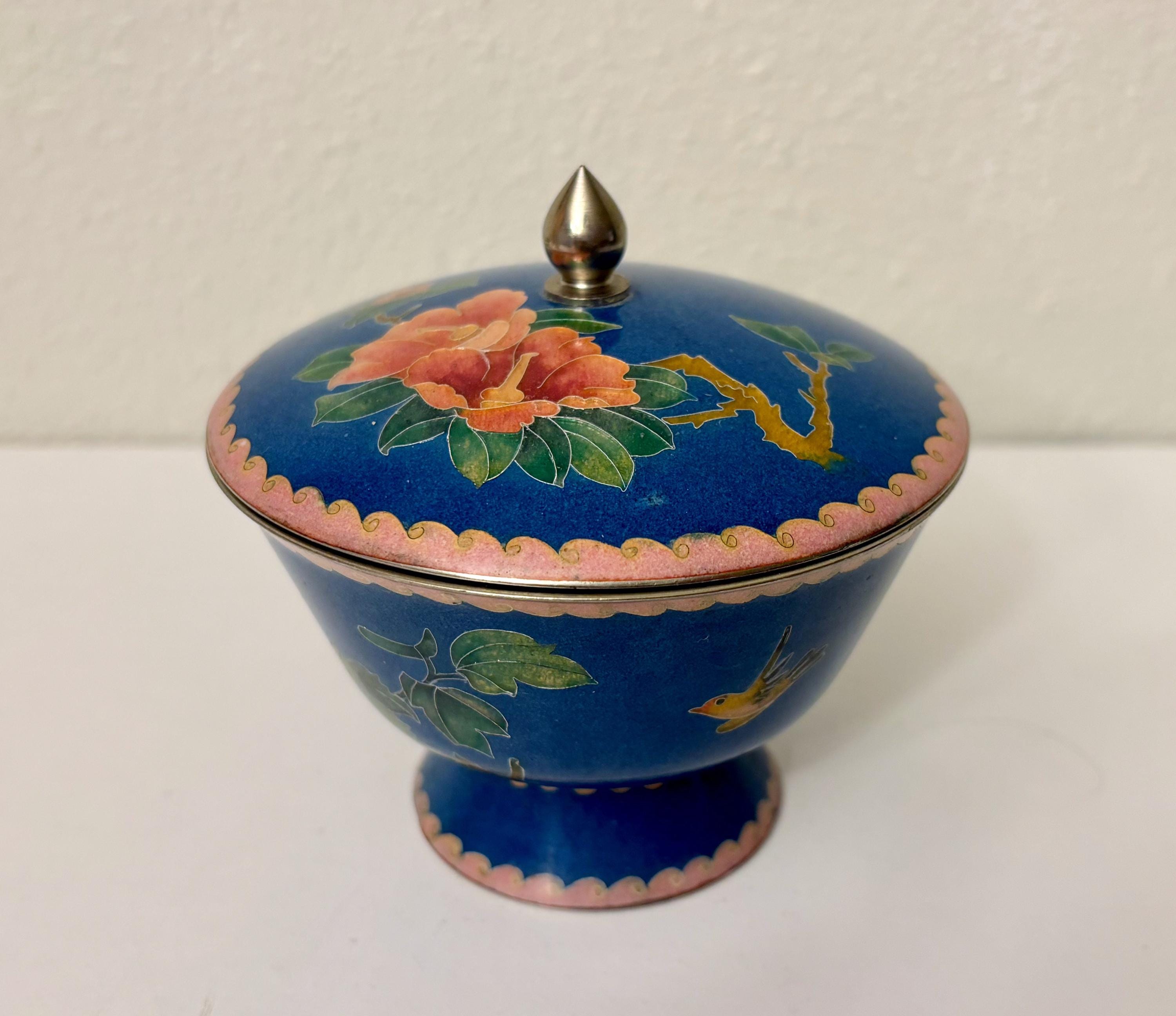 ヴィンテージ 七宝焼き エナメル シルバー メタル 小型 4 インチ 脚