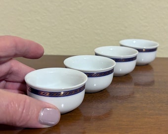 Sets of 4 Vintage ABCO International Delta Airlines Sake Cups/Sauce Dishes w/ Blue and Gold Rope Trim, #0442-03887  (3 Sets of 4 Available)