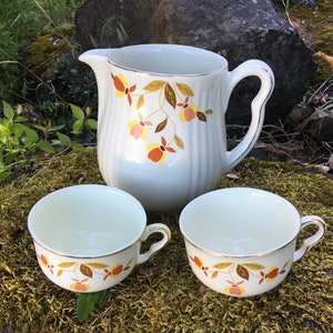 Set of 3 Vintage Hall's "Autumn Leaf" Pitcher & 2 Mugs (Hall's Superior Quality Kitchenware) in Cream w/ Gold Trim and Flowers