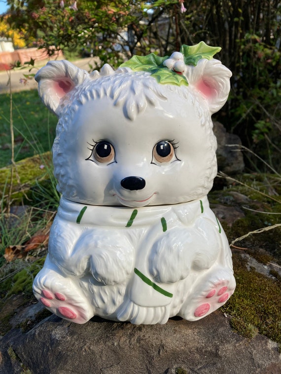  Bulls&Bears 置物 ホワイトポーセリン RARE! Vintage Lefton Christmas Bear Cookie Jar (hand-painted White