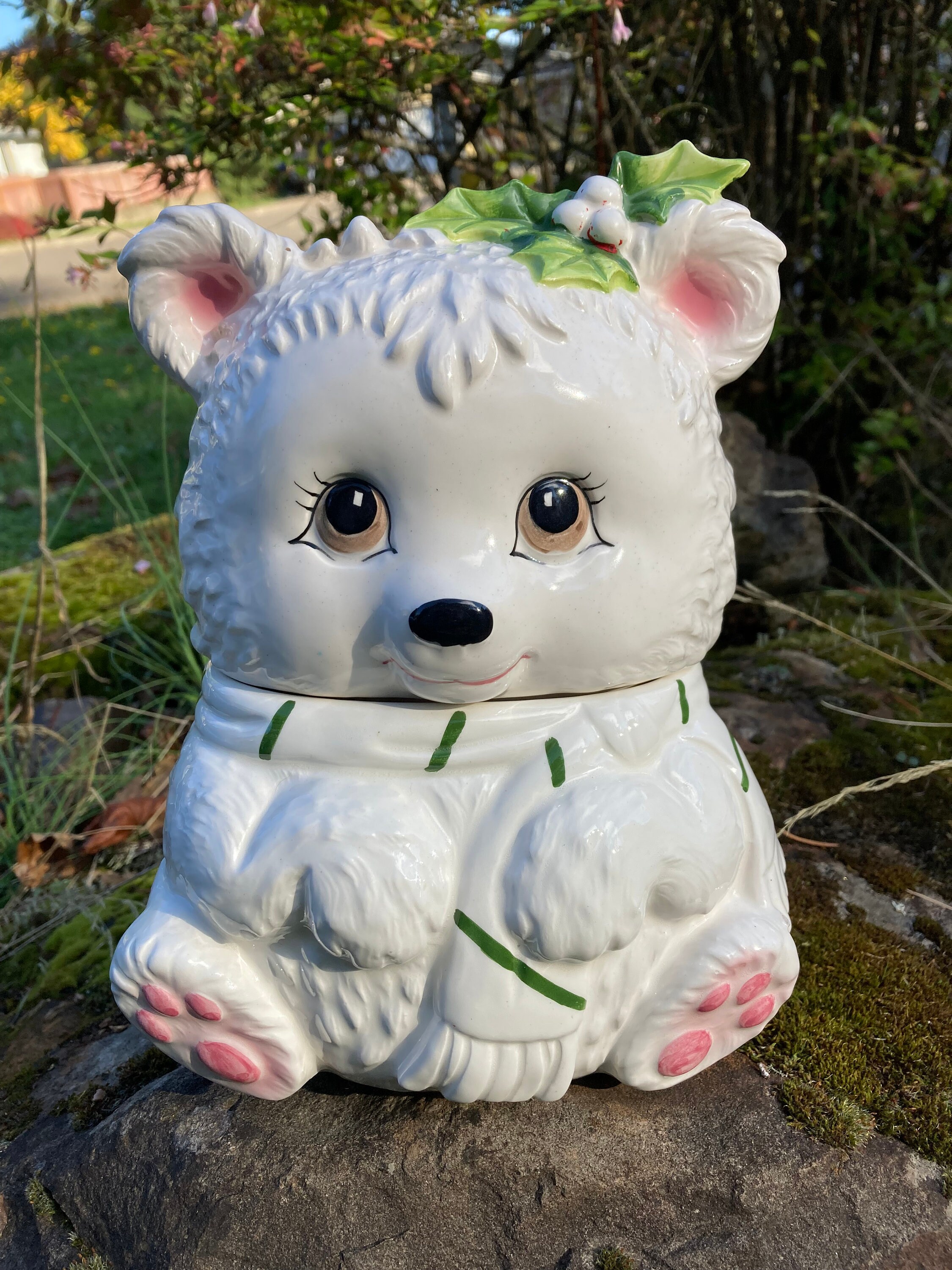 RARE! Vintage Lefton Christmas Bear Cookie Jar (hand-painted White