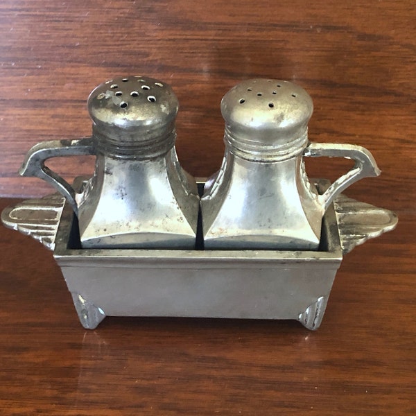 Rare Item!  Vintage Vincent Lollo Collectible Pewter Salt & Pepper Set With Matching Bin