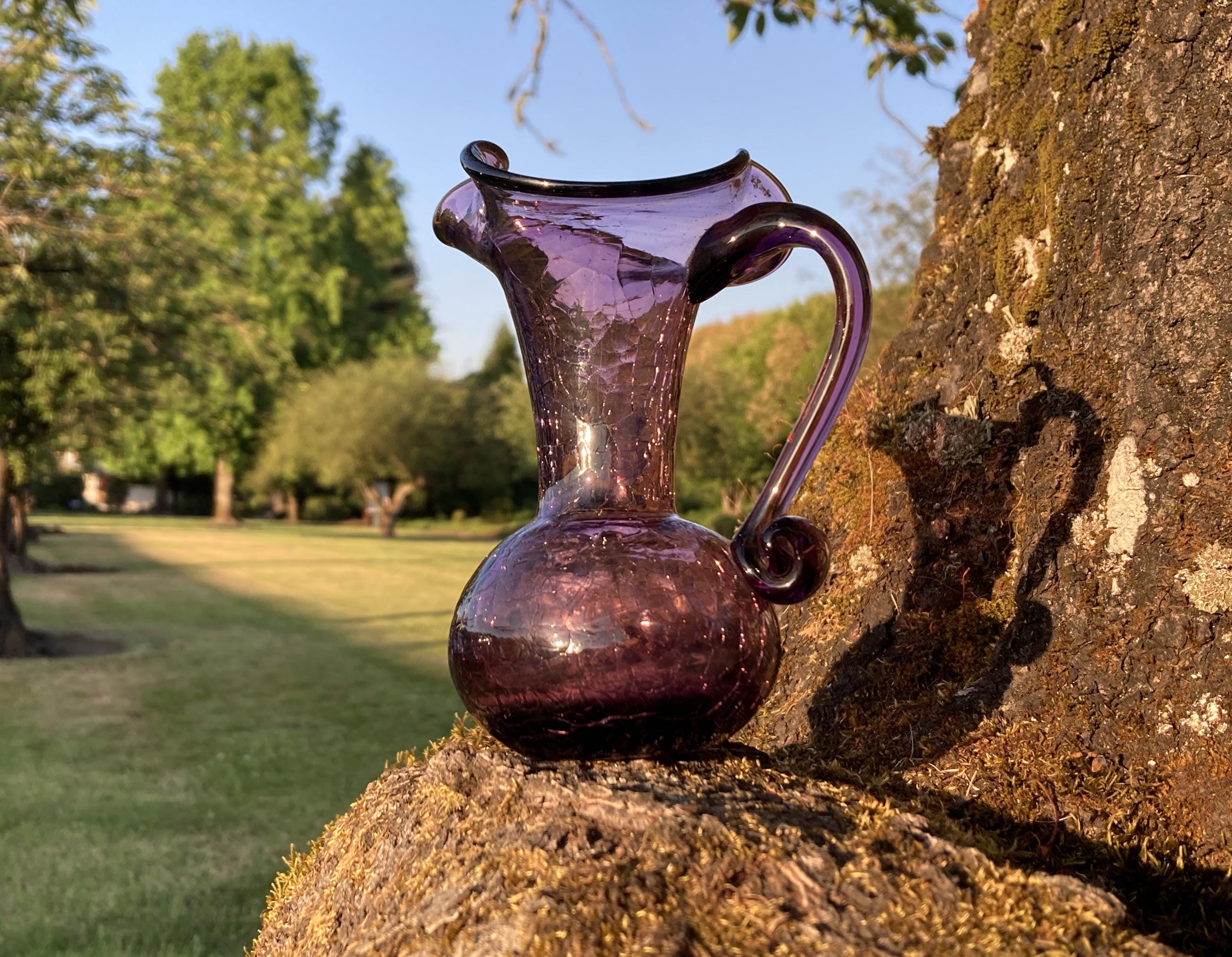 Vintage Hand-Blown Amethyst Purple Crackle Glass 5.5" Small Pitcher / Creamer / Vase w/ Applied Handle and Pontil Mark