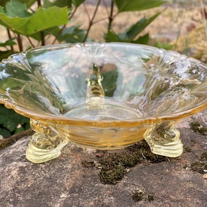 Vintage Yellow Cut Glass 3-Footed Small Candy / Nut / Relish Bowl w/ Floral Pattern (Depression Glass, Art Deco) 5.75&quot; diameter