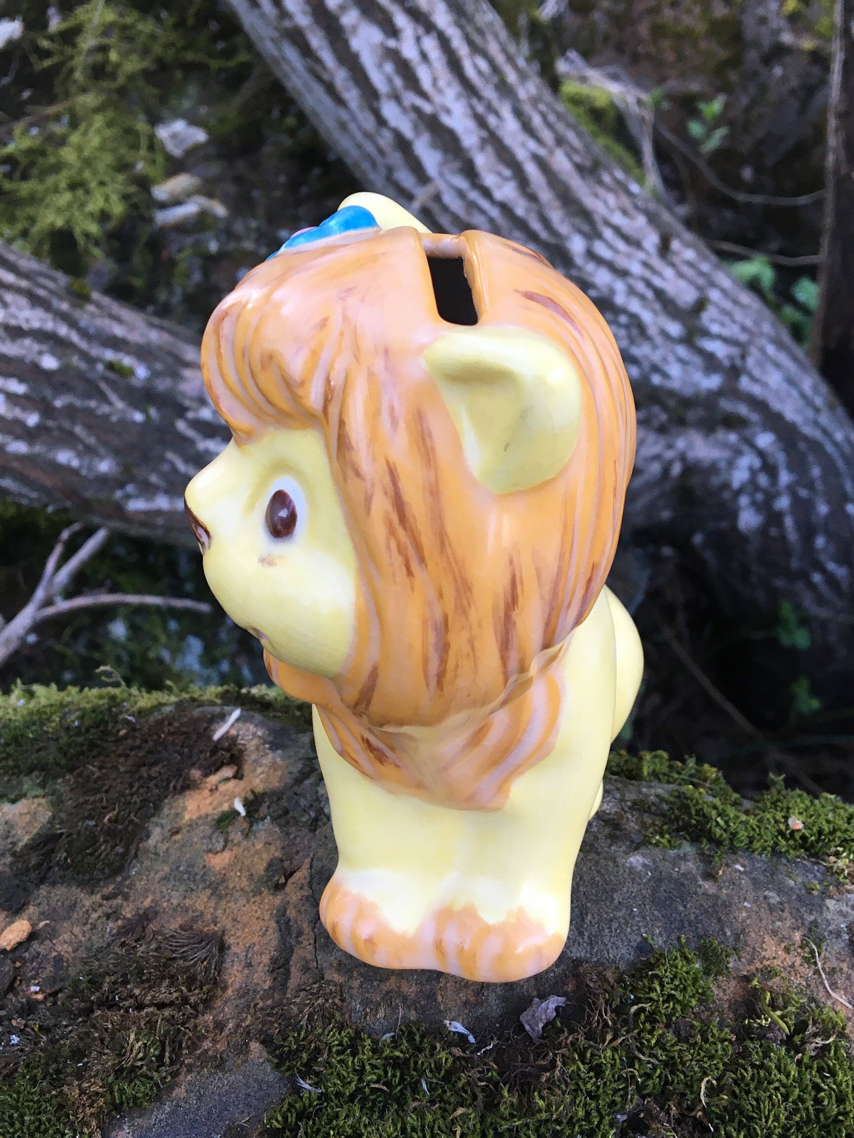Vintage Lion Piggy Bank Yellow Ceramic w/ Flowers 5 | Etsy