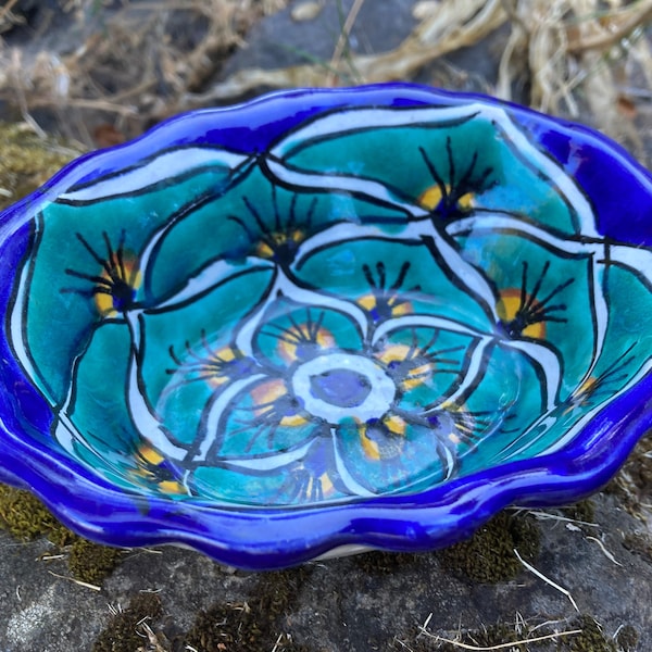 Vintage Hand-Painted Talavera / Tonala Mexican Pottery Bowls w/ 7.5" Round Blue Flowers OR 5.5" Oval Green Floral (Mexico) sold separately