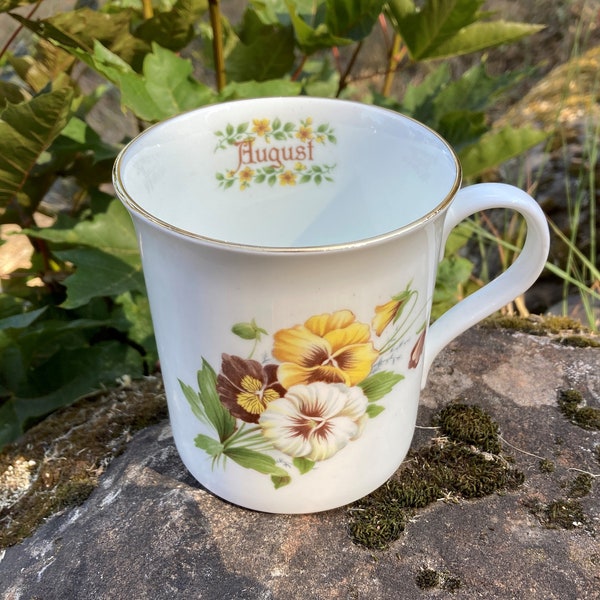 Vintage Crown Trent "August" Fine Bone China Coffee Mug / Tea Cup w/ Purple and Yellow Pansy Flowers (Staffordshire England)