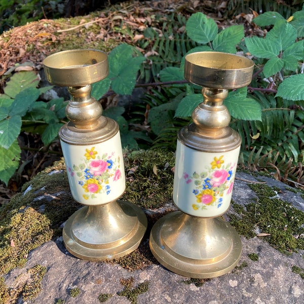 Pair of Vintage Brass & Porcelain 7" Candlesticks / Candle Holders with Pink Rose Floral Design (for Tealight or 2" Pillar)