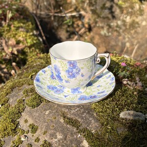 May include: A delicate teacup and saucer set with a floral pattern in shades of blue and white, accented with gold trim. The cup and saucer are placed on a moss-covered rock, creating a natural and elegant display.