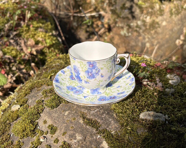 May include: A delicate teacup and saucer set with a floral pattern in shades of blue and white, accented with gold trim. The cup and saucer are placed on a moss-covered rock, creating a natural and elegant display.