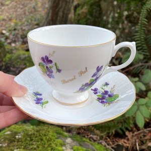 Vintage Queen Anne Bone China &quot;Secret Pal&quot; Teacup & Saucer w/ Purple Violet Flowers and Gold Trim (Made in England)