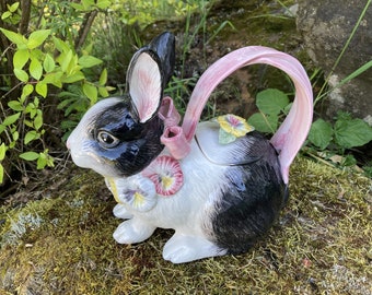 Vintage 1991 Fitz and Floyd "Pansy Parade" Bunny Rabbit 20 oz. Teapot w/ Pink Bow, Ribbon Handle & Flowers