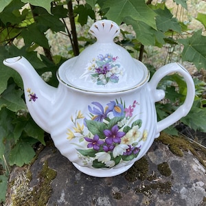 Vintage Baum Bros. Formalities Floral Teapot w/ Purple Flowers, Swirl Pattern, and Gold Trim (Made in England)